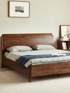 北美黑胡桃床主卧室1.8米双人床全实木覆古风格 现代高背1.5圆木床