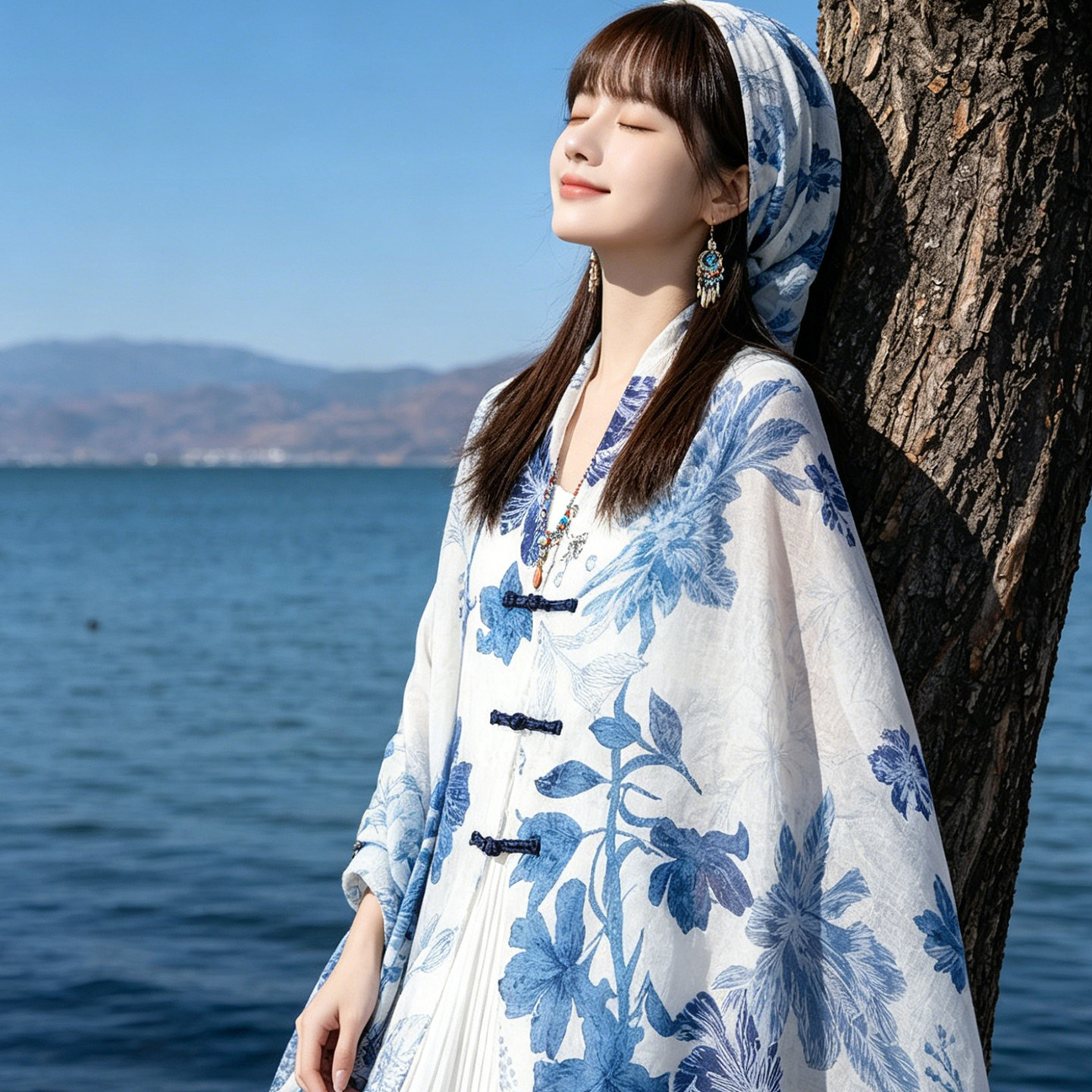 夏季防晒披肩女2026新款盘扣长款民族风旅游拍照薄款沙滩丝巾斗篷