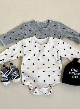 婴幼儿棉长袖三角连体服男女宝宝韩版波点爱心包屁哈衣ins弹力秋