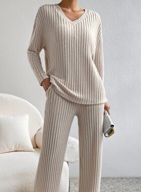 欧美时尚休闲套头上衣长裤套装女 Pullover Top Pants Suit Set