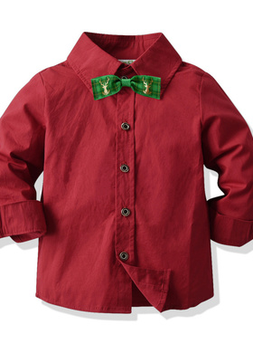 宝宝红色衬衣 儿童衬衫领结 男童衬衫个性 潮上衣洋气 韩版 时尚