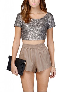 Glitter Sequins Backless Crop Tops Candy colors Short Sleeve