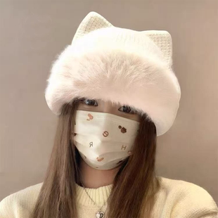 可爱猫耳朵针织毛线帽女士秋冬季白色加厚毛绒保暖显脸小护耳帽子