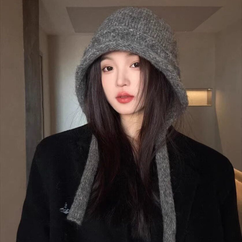 绑带针织帽女秋冬季大头围显脸小