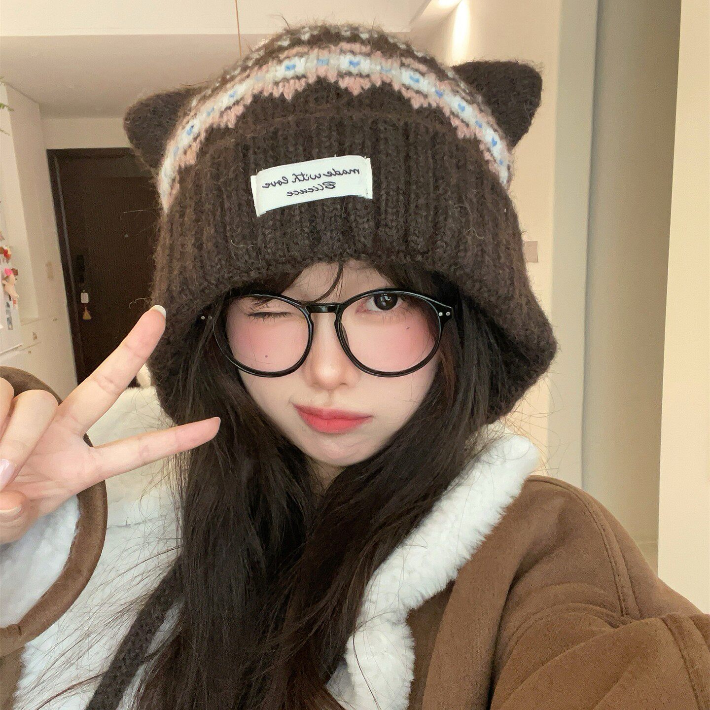 可爱猫耳朵费尔岛毛线帽女冬季加绒保暖帽子包头帽针织帽显脸小潮