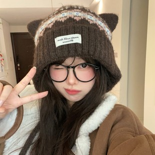 可爱猫耳朵费尔岛毛线帽女冬季加绒保暖帽子包头帽针织帽显脸小潮