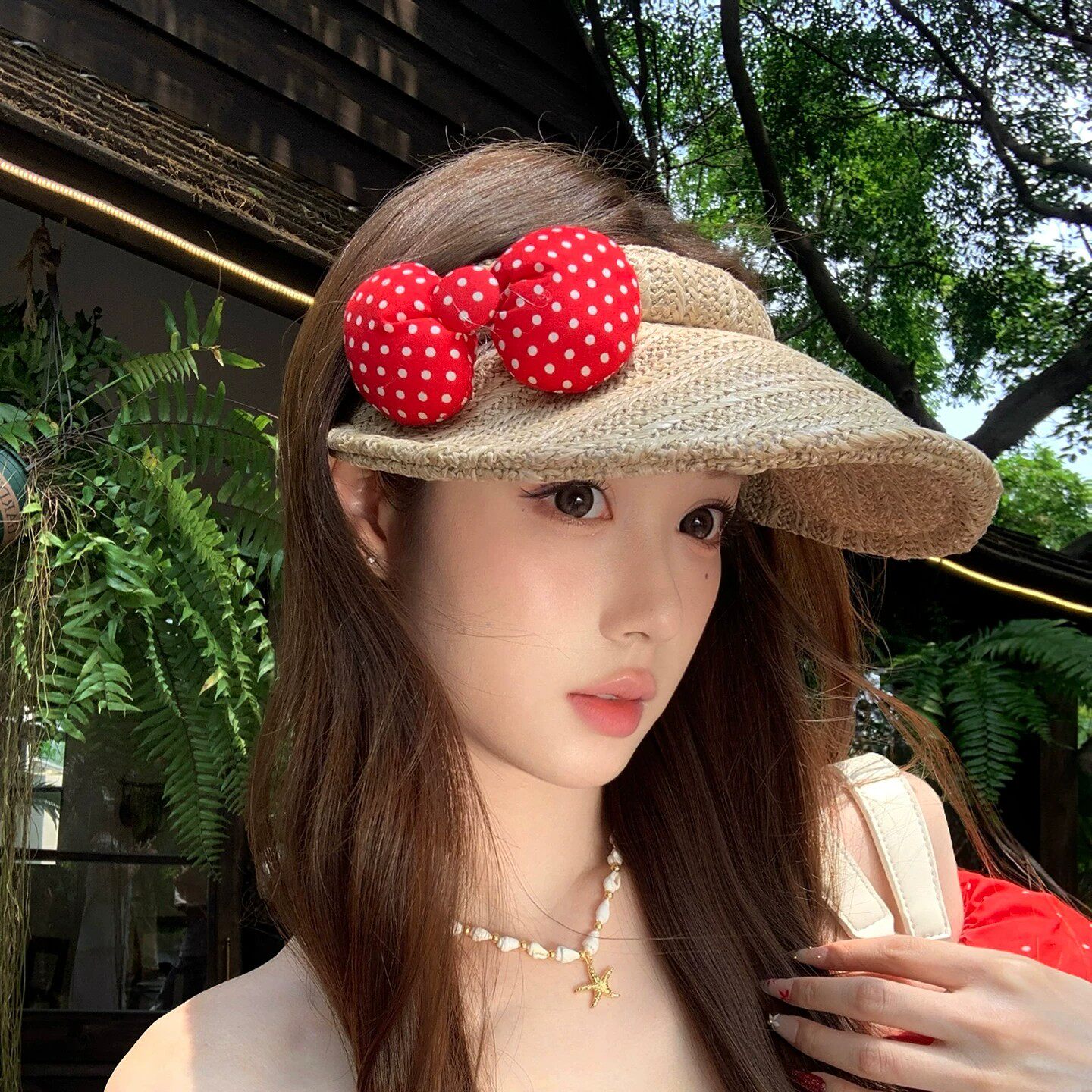 韩系波点蝴蝶结空顶草帽女2026春夏季海边沙滩度假风防晒遮阳帽子