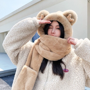 小熊帽子女毛茸茸新款 可爱洋气冬天防寒保暖围脖围巾一体帽 秋冬季