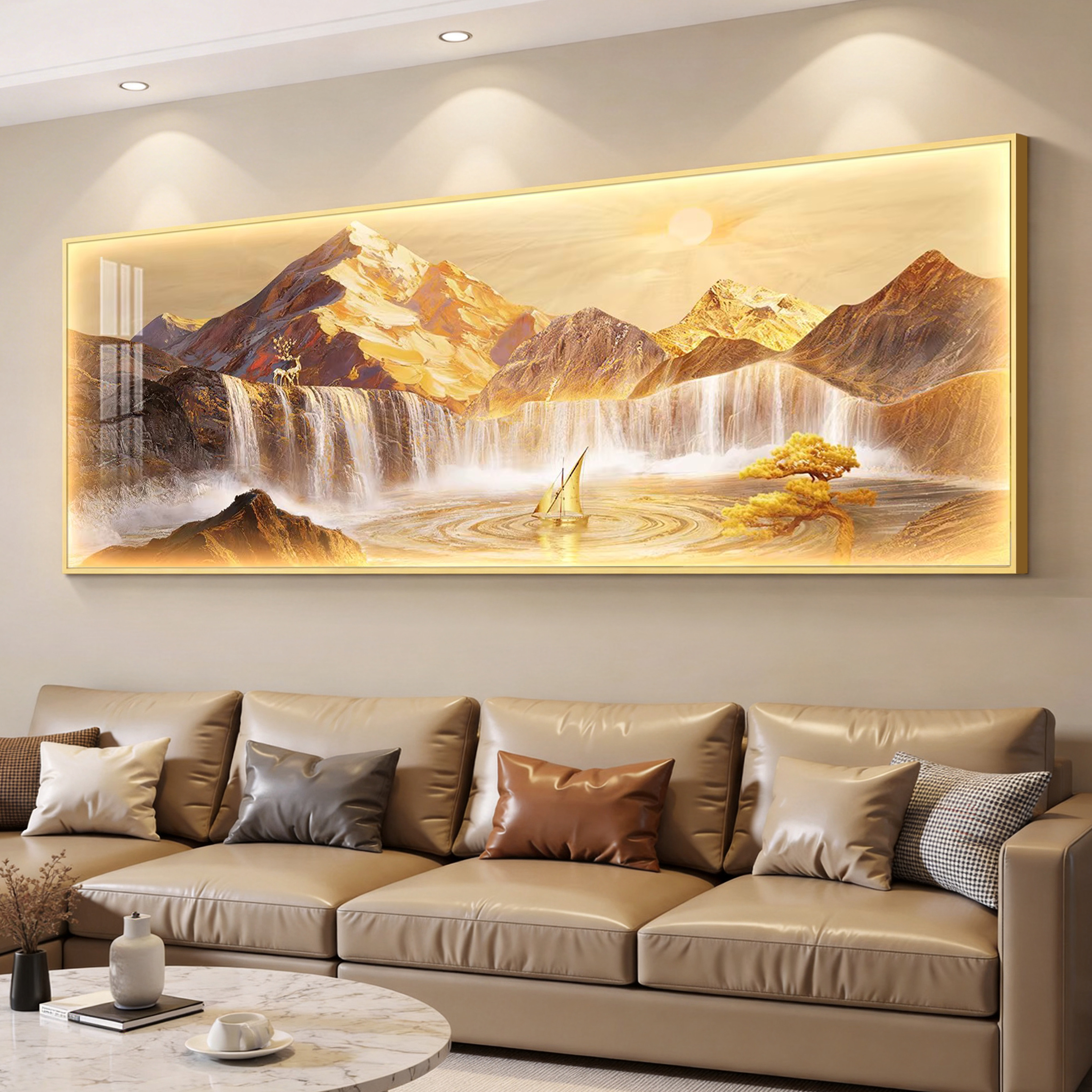 背靠金山led灯轻奢客厅装饰画沙发背景墙挂画壁画简约现代高级感
