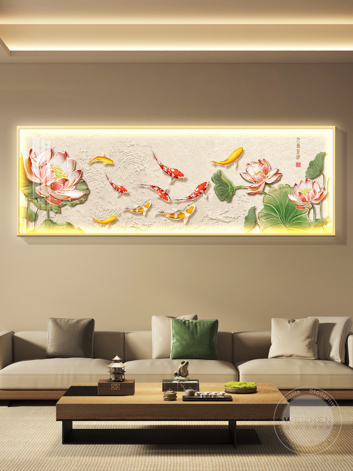 葫芦led带灯轻奢客厅装饰画沙发背景墙挂画壁画现代高级感九鱼图