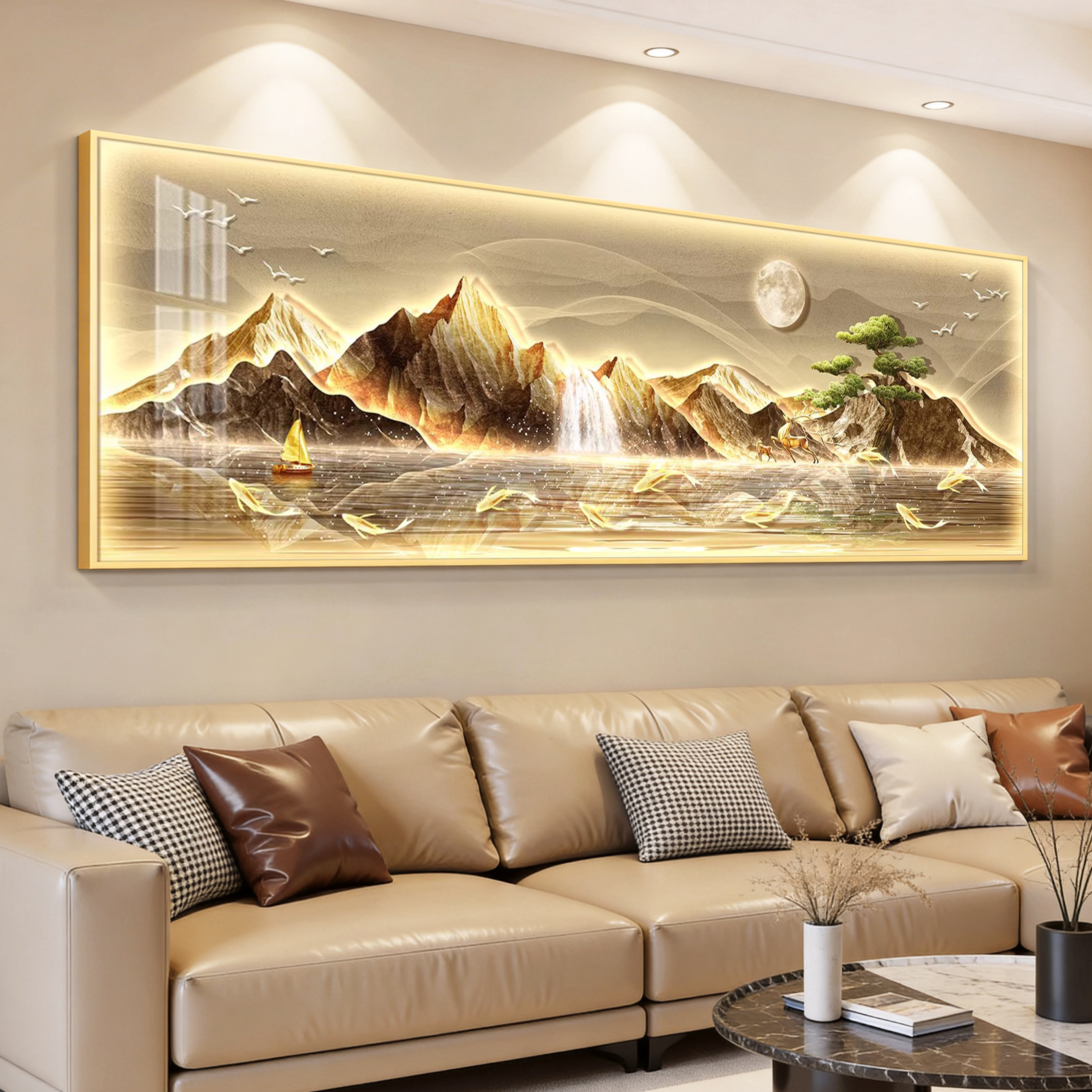 led带灯轻奢客厅装饰画沙发背景墙挂画壁画简约现代高级感山水画