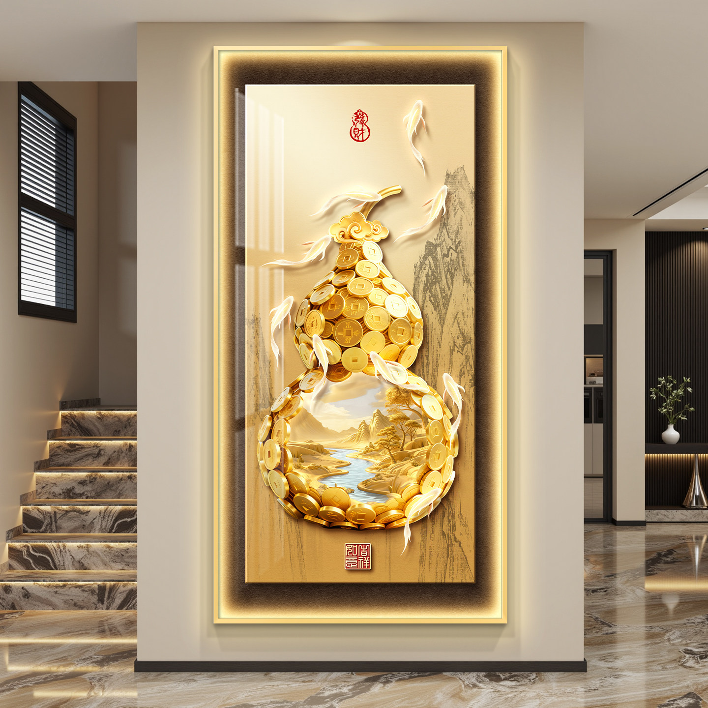 葫芦轻奢led带灯入户玄关装饰画走廊过道挂画壁画简约现代高级感图片