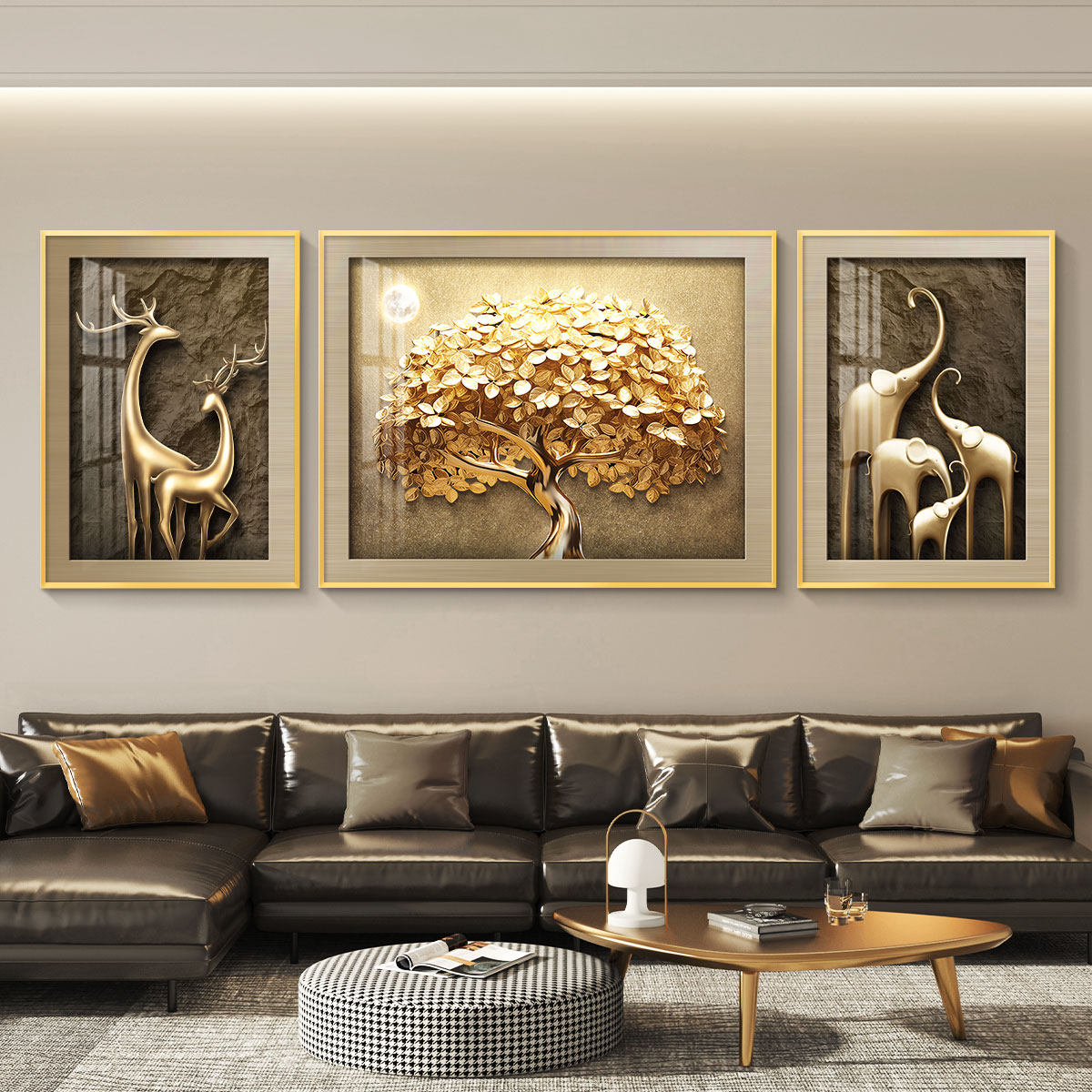 led带灯轻奢客厅装饰画沙发背景墙挂画壁画简约现代高级感三联画