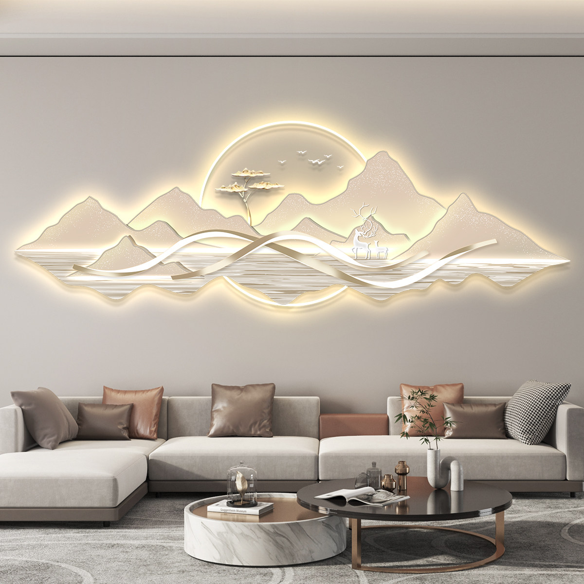 led带灯轻奢客厅装饰画沙发背景墙挂画壁画简约现代高级感山水画