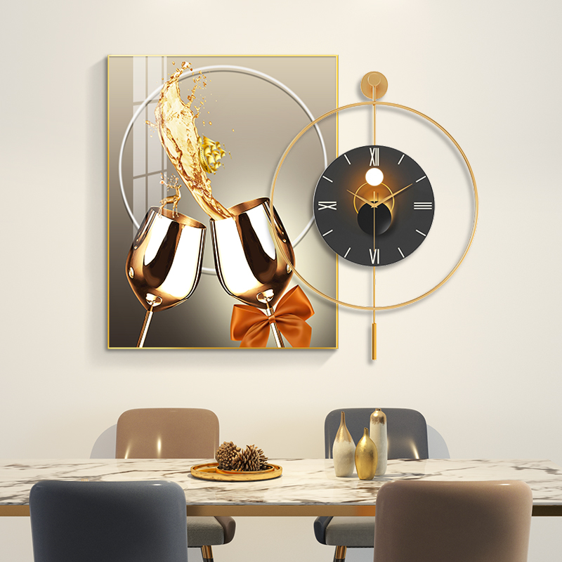 轻奢酒杯餐厅装饰画高档饭厅背景墙挂画创意挂钟时钟简约现代钟表图片