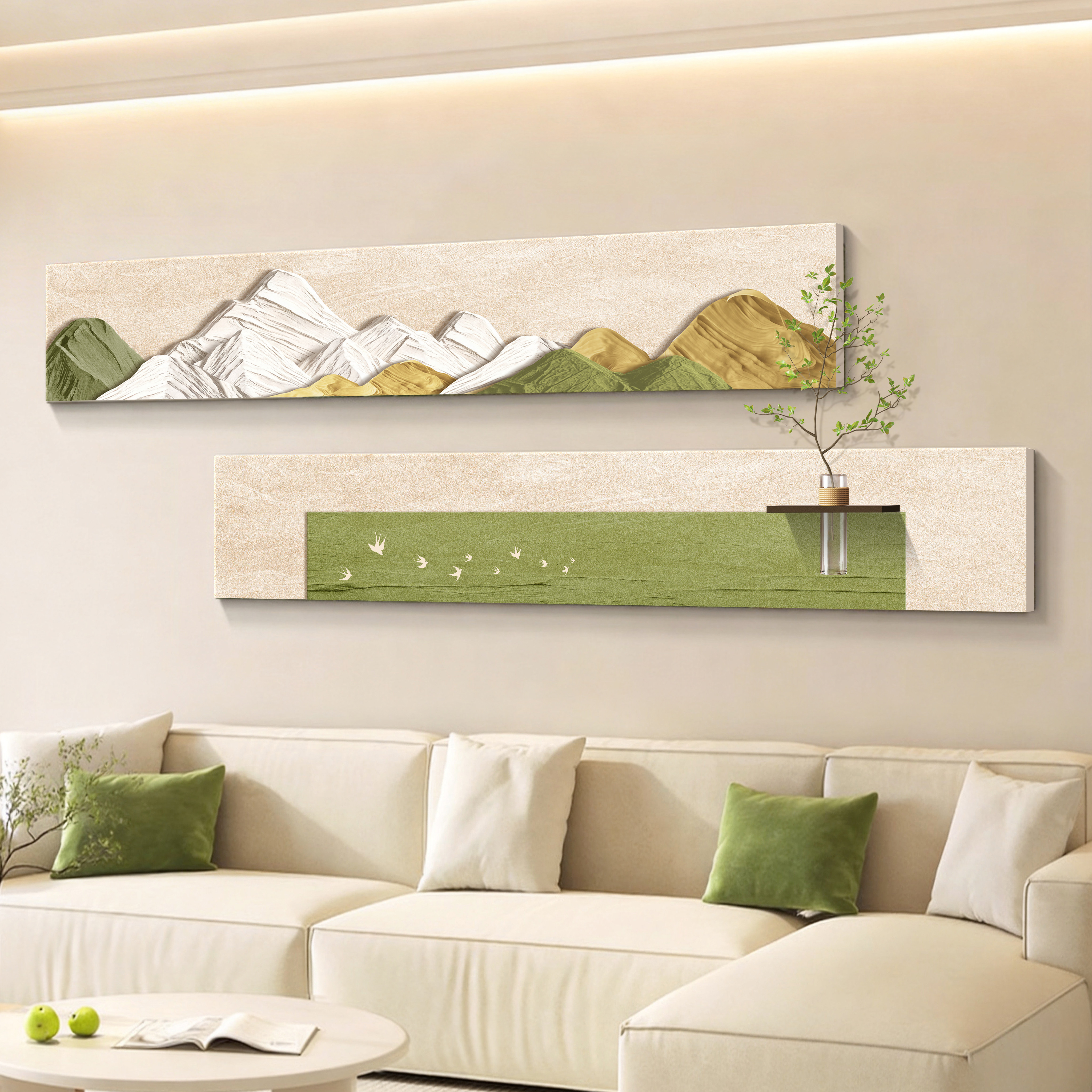 奶油风led带灯轻奢客厅装饰画沙发背景墙挂画现代高级感立体砂岩