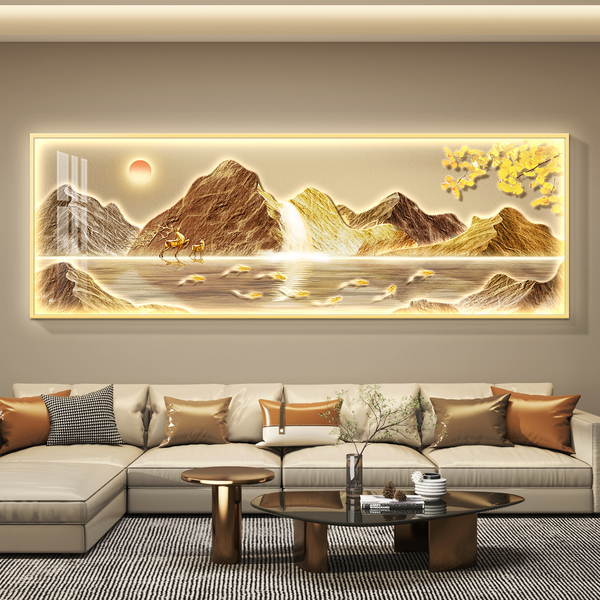 九鱼图led带灯轻奢客厅装饰画沙发背景墙挂画壁画简约现代高级感图片