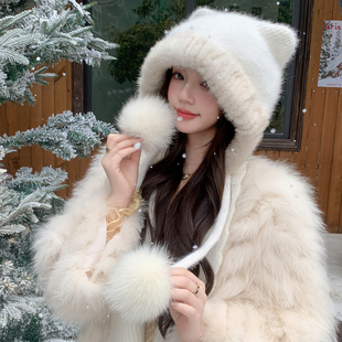 黎宿可爱猫耳朵水貂皮草雷锋帽护耳冬季女士貂皮毛狐狸毛球大头围