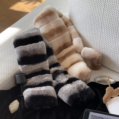 仿龙猫色獭兔毛双面整皮皮草围巾