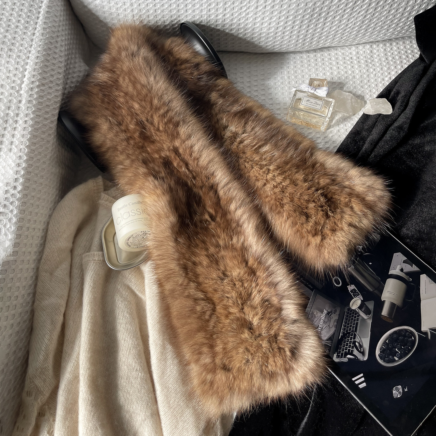 自然原色！百搭编织紫貂毛围巾