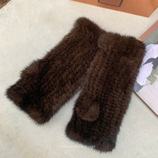 LOCSOON冬季 筒 保暖手套水貂皮毛半指手套可爱露指皮草手套貂皮袖