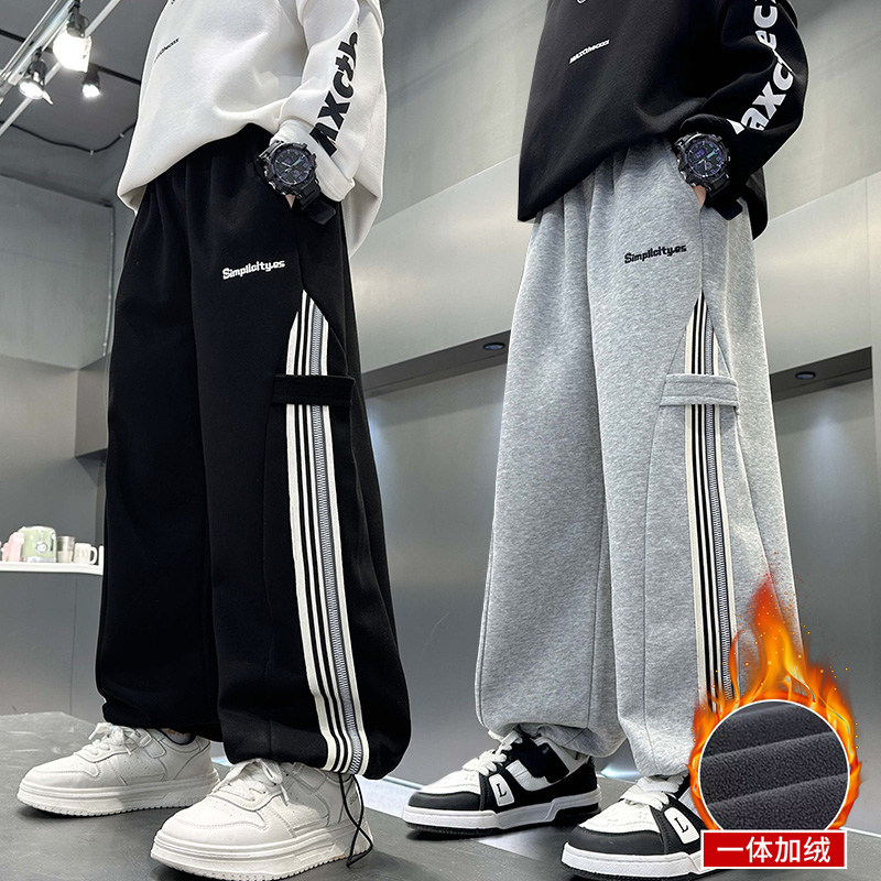 男童运动裤一体绒儿童加绒裤子秋冬款洋气大童卫裤男孩直筒阔腿裤