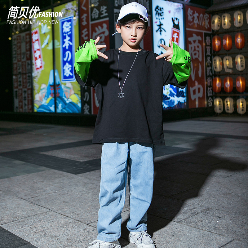 男童街舞套装韩版假两件长袖卫衣演出服儿童表演服牛仔长裤韩版潮