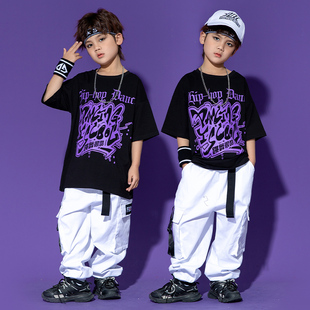 男童架子鼓演出服套裝 街舞兒童潮服hiphop嘻哈短袖 少兒潮牌表演服