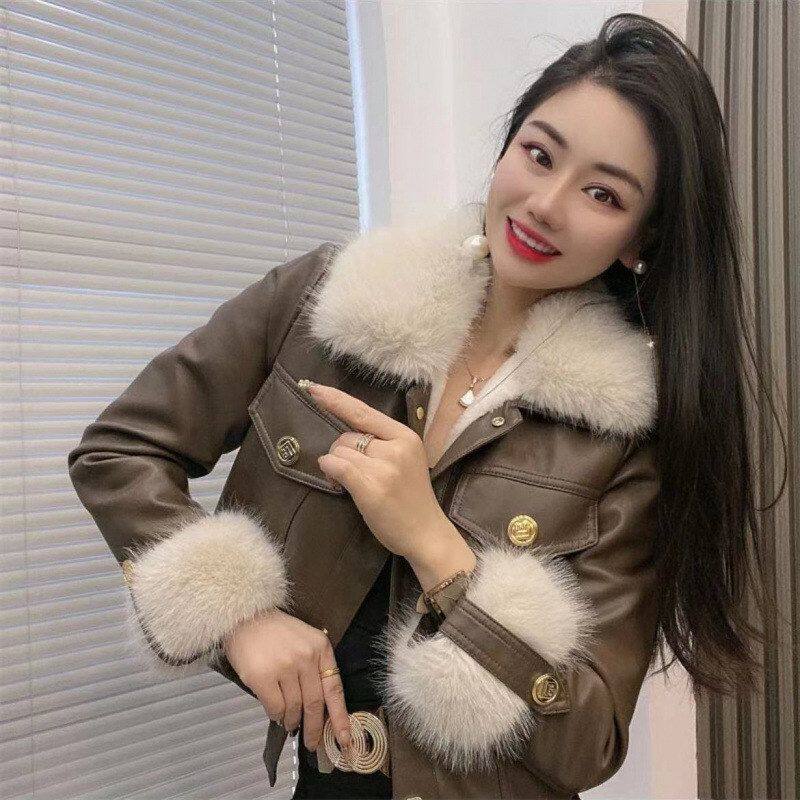 气质小个子大毛领短款加绒皮衣外套女2024冬季复古机车加厚保暖潮