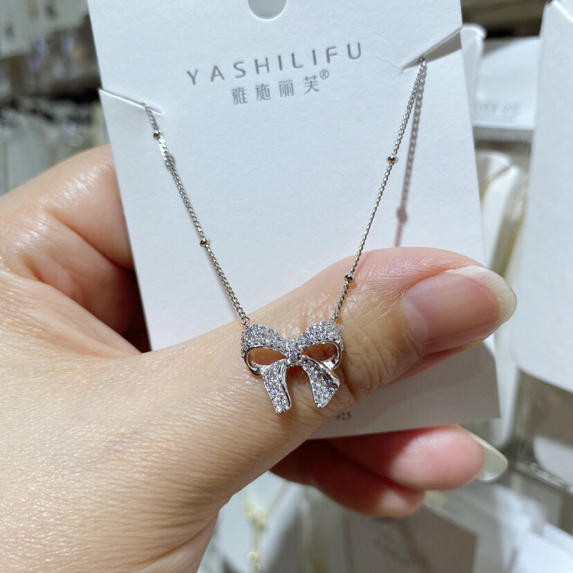 s925通体纯银蝴蝶结微镶锆石质感气质豆豆项链粗链条甜美淑女颈链