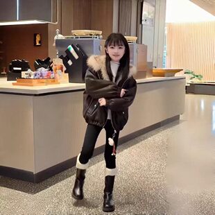 冬季短款两面棉外套铺女童皮衣穿连帽加厚皮草风PU外套慵懒毛绒绒