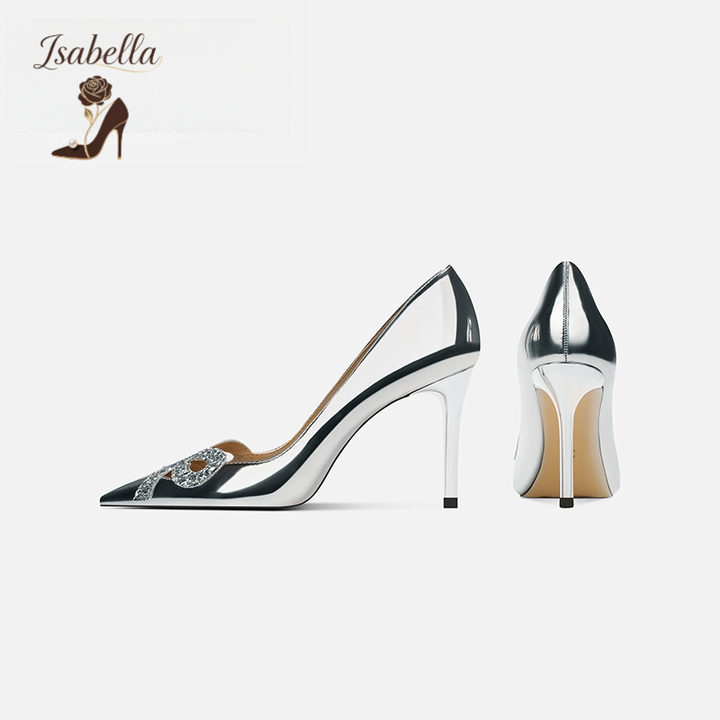 Isabella法式婚鞋银色拼接亮片浅
