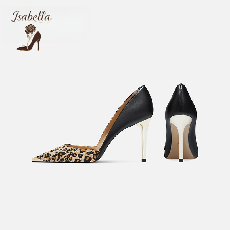 Isabella豹文马毛拼接高跟鞋女新