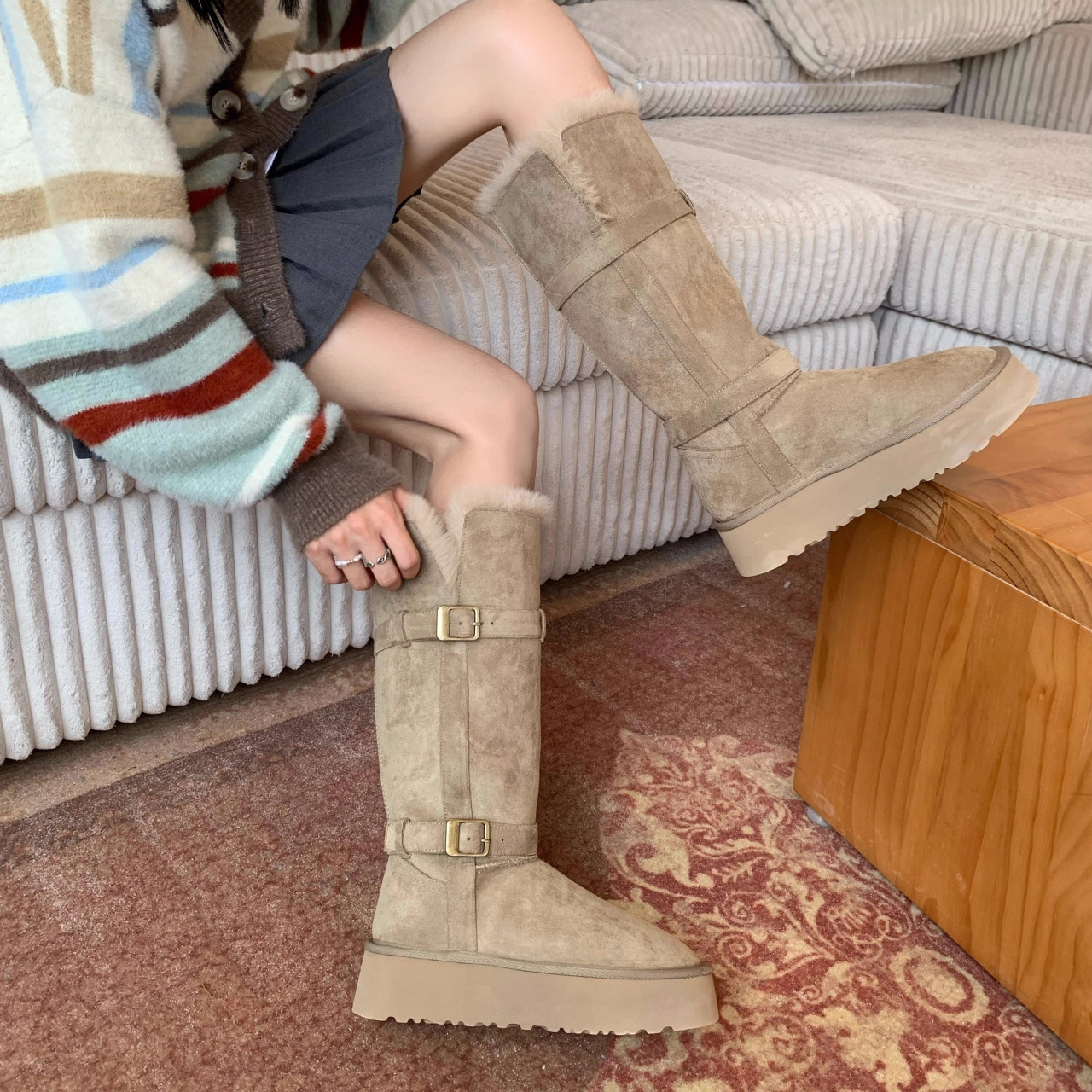 两穿东北哈尔滨长筒灰色雪地靴女款冬季加绒加厚高筒厚底棉鞋靴