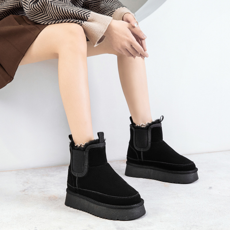 羊毛皮毛一体雪地靴女高跟9cm内增高厚底松糕雪地棉鞋子真皮真毛