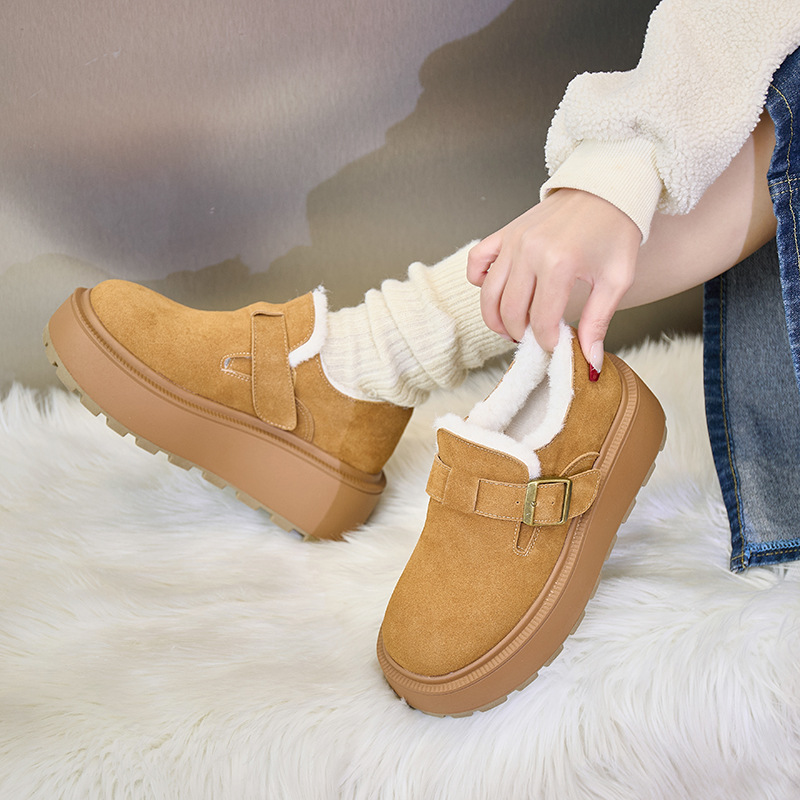 厚底加绒豆豆鞋博肯鞋女新款真皮秋冬乐福鞋棉鞋保暖雪地靴