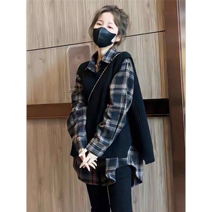 复古时尚 设计感格子POLO领衬衫 潮流针织背心马甲 女法式 洋气套装