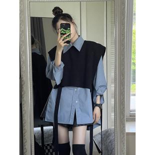 时尚套装女春秋季新款高级感针织背心马甲披肩叠穿长袖衬衫两件套