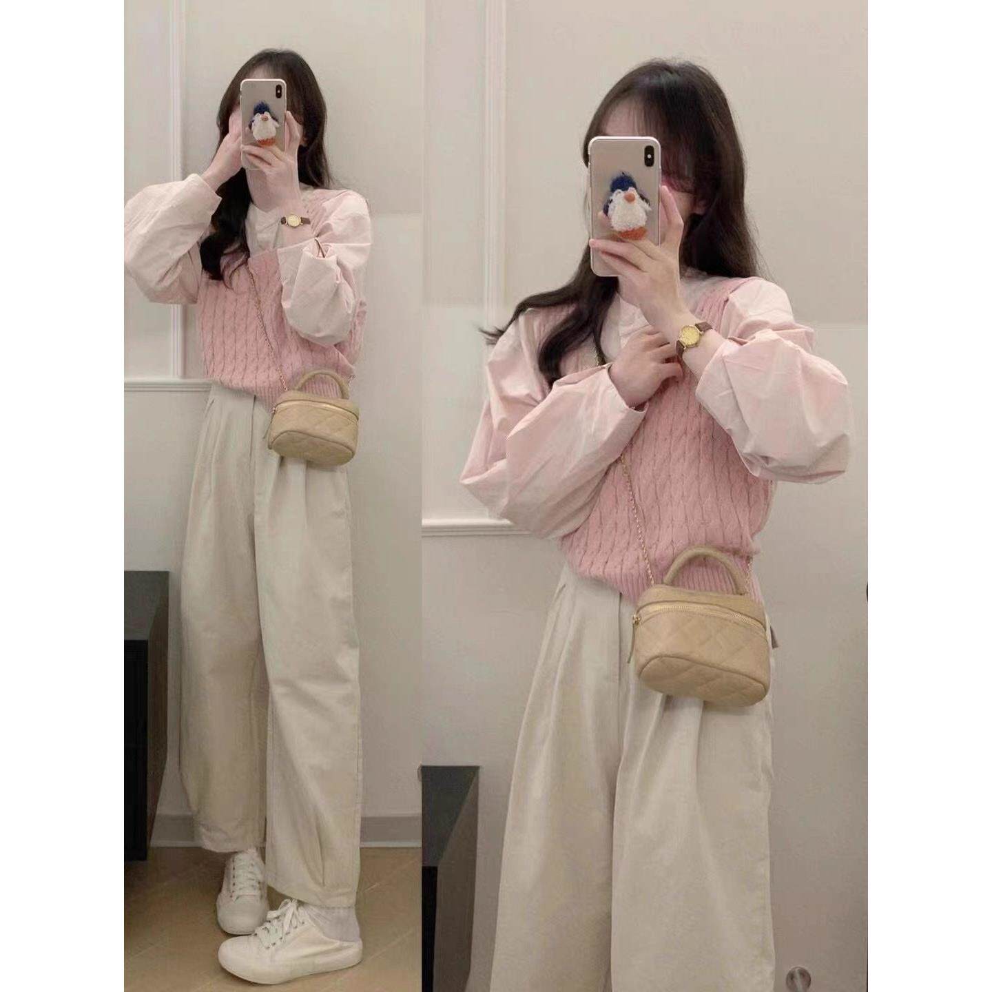 甜美套头麻花针织毛衣马甲韩版宽松polo领纯色衬衫秋季两件套ins