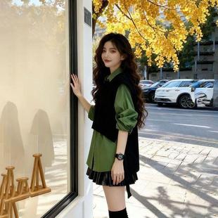 秋冬松弛叠穿无袖针织毛衣马甲背心女宽松绿色polo领衬衫两件套装