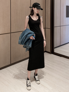 法式 欧洲站黑色吊带连衣裙女夏季 打底裙气质修身 显瘦长款 2024新款