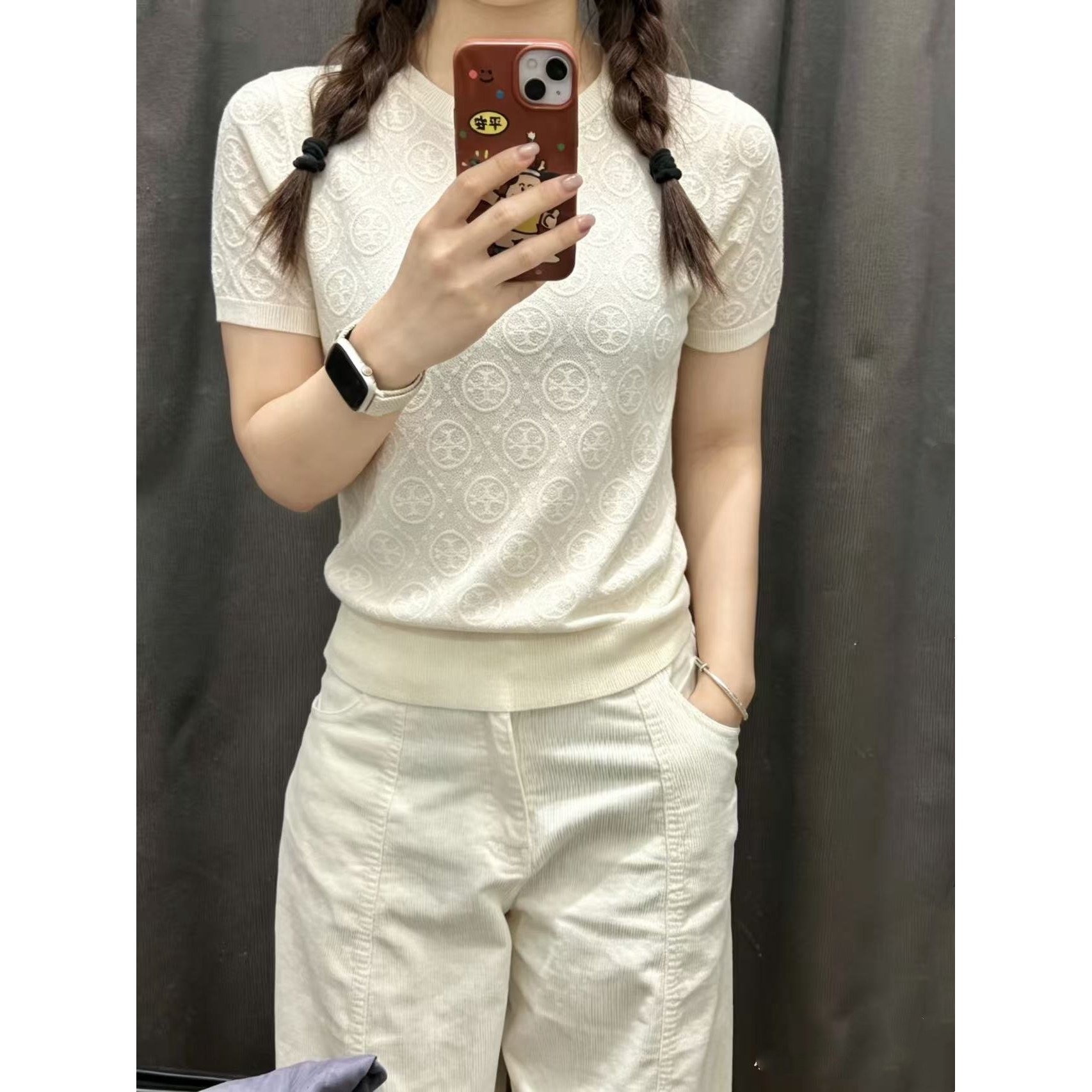 女士外贸TB美式轻奢双T提花天丝桑蚕丝黑色白色圆领针织短袖T恤