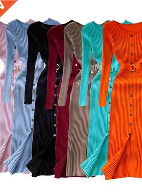 Autumn women's temperament o neck buckle slim waist