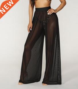Leg Pants Sheer Transparent Cove Mesh Wide Beach Womens Boho
