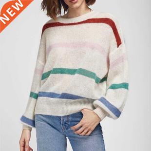 Women's Mohair Wool Striped Sweater Loose Design Long-sleeve