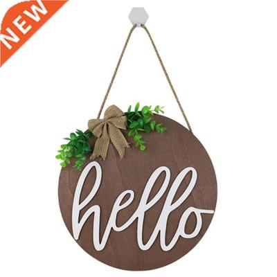 Wooden Round Greeting Sign Rustic Front Door Hanger with Bur