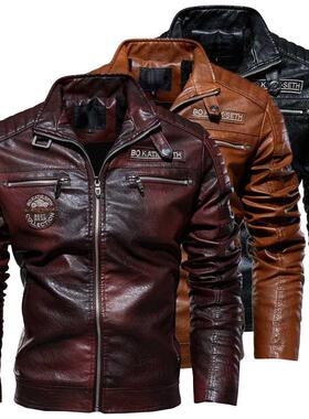 Leather Jacket Men Winter Fleece Motorcycle PU Leahter Jacke