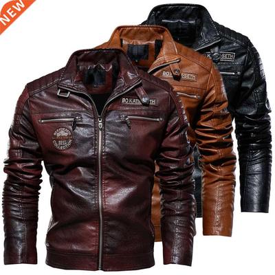 Leather Jacket Men Winter Fleece Motorcycle PU Leahter Jacke