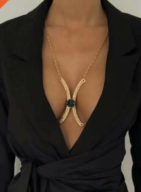 Trendy Green Crystal Rhinestone Chest Bracket Bra Chain Harn