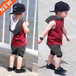 2 pieces Sleeveless Hooded T-shirt and Striped Shorts For Bo
